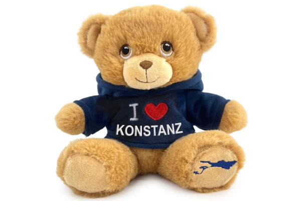 15cm Teddy "I love Konstanz" blauer Nicki-Hoodie, Bodensee Umriss auf Fuß