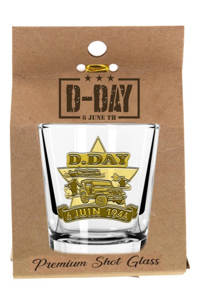 Schnapsglas rund "D-Day" Metallemblem, 25ml, carton box