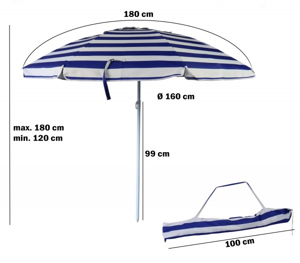 Sonnenschirm Ø 180cm blau-weiß gestreift, aus Aluminium, Kippfunktion