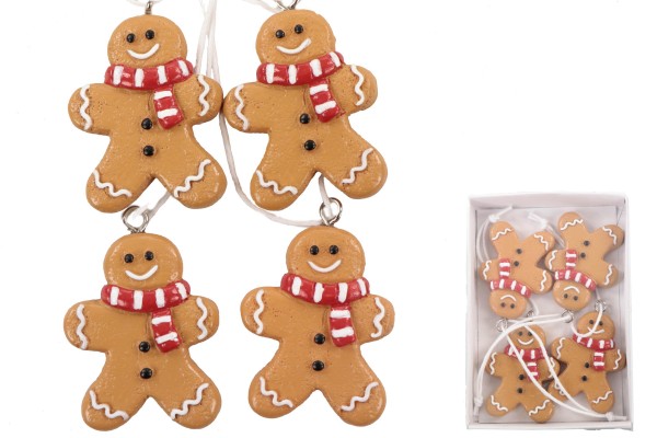 4er SET Aufhänger Lebkuchenmännchen, rot-weißer Schal, ca. 4cm, weißes Band
