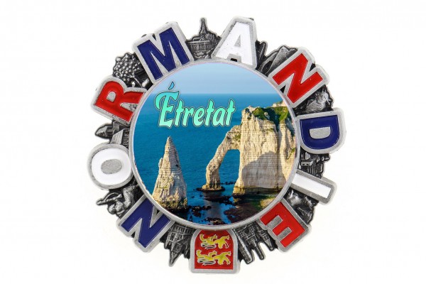 drehender Magnet &quot;Etretat&quot; NORMANDIE, silber geprägt, Ø 6.5cm