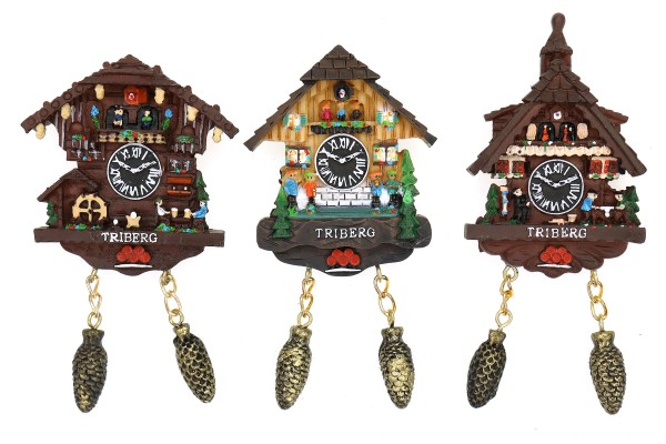 Magnet Kuckucksuhr "TRIBERG" mit Zapfenpendel, H.: 12,5cm, 3fach sortiert