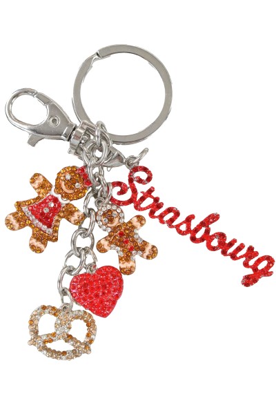 4 Charms "Strasbourg" Strass Schlüsselkette, Metall, silber, Lebkuchen,Herz,Brez