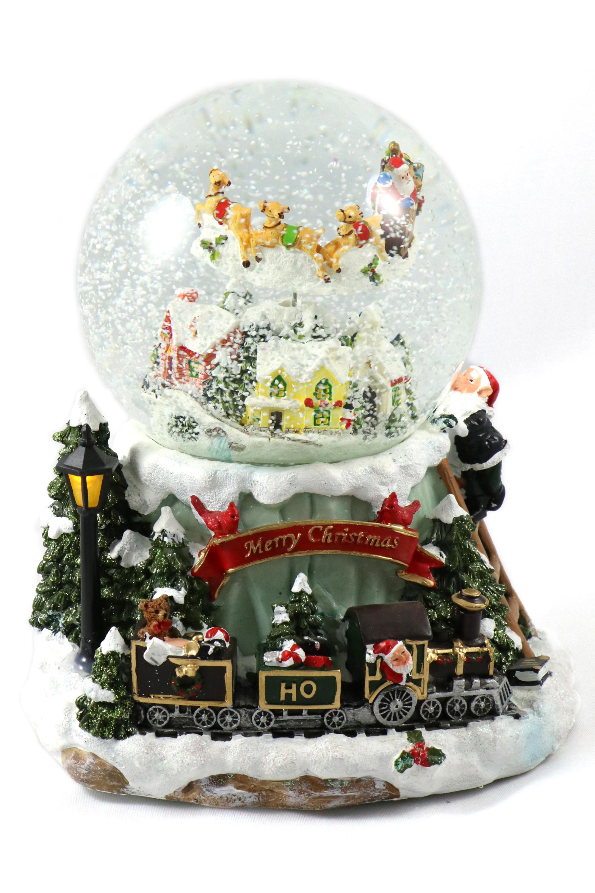 Nikolaus und Eisenbahn Weihnachtsspieluhr  Schneekugel mit fliegendem Rentier 
