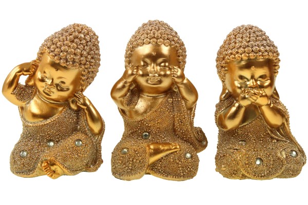 Dicker Buddha gold sitzend, 3fach sortiert, 8x7x11cm