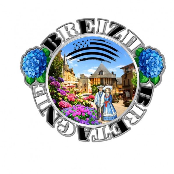 drehender Magnet &quot;Paar/Häuser&quot; BRETAGNE/BREIZH silber geprägt, 6,5cm