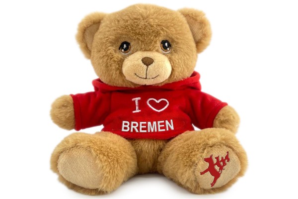 15cm Teddy "I love Bremen" roter Nicki-Hoodie, Bremen Wappen auf Fuß