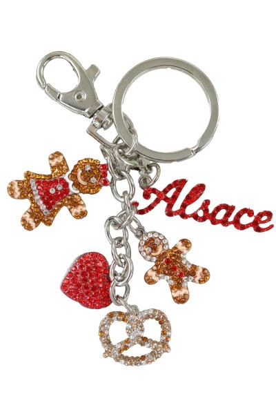 4 Charms "Alsace" Strass Schlüsselkette, Metall, silber, Lebkuchen,Herz,Brezel
