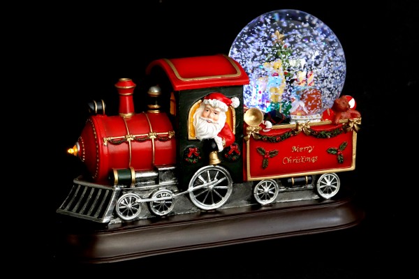 Schneekugel/Spieluhr 85mm, Zug mit Weihnachtsmann, Licht, Schneeantrieb, 16cm