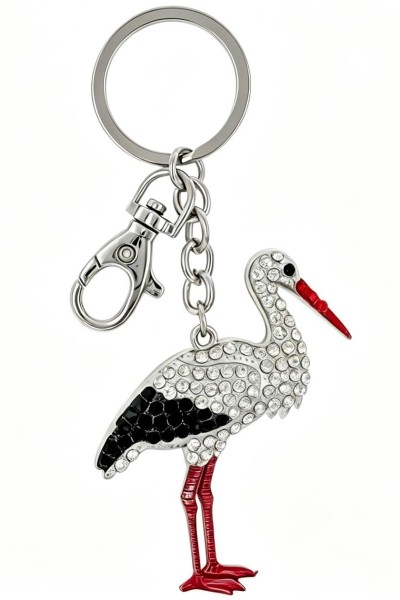 Storch, Strass Schlüsselkette, Metall, silber