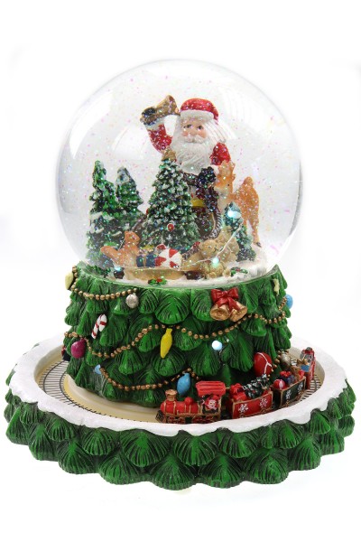Schneekugel/Spieluhr 150mm, rotierender Zug+Baum, Licht, Schneeantrieb, 23,5cm