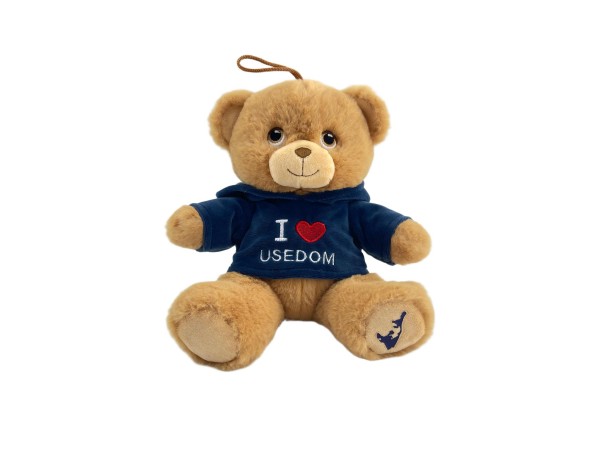 20cm Teddy "I love Usedom", blauer Nicki-Hoodie, Inselumriss auf Fuß