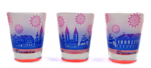 Shotglas "Bremen" Skyline, pink-blau, gefrostet, H.: 6cm 4cl