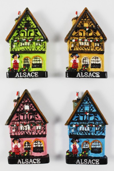 Magnet Haus &quot;Alsace&quot; Storch und Mädchen, Glanzlack, 3,8x6,5cm, 4fach sortiert