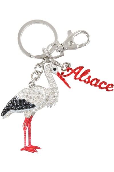 Storch "Alsace" Strass Schlüsselkette, Metall, silber, charm Schrift rot
