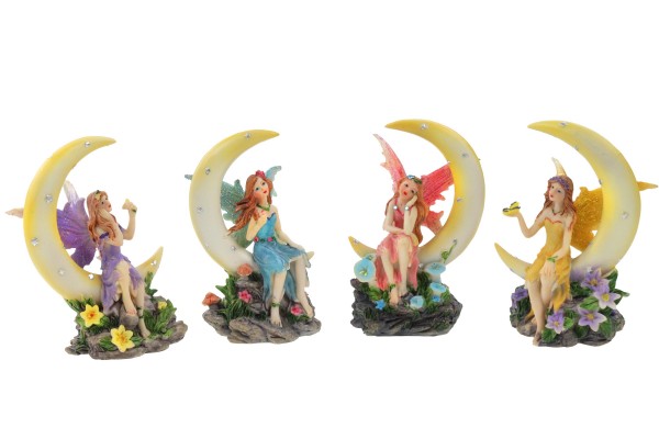 Poly Elfe sitzend auf Halbmond, 4fach sortiert, lila,rot,blau,gelb, 8x7x12,5cm