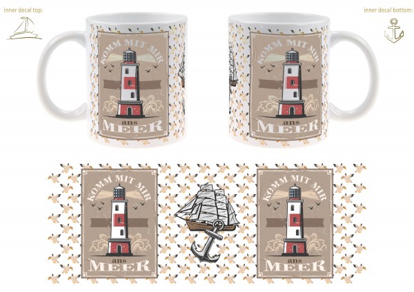 Gerade Tasse weiß "Komm mit mir ans Meer" braun-beige mit Leuchtturm