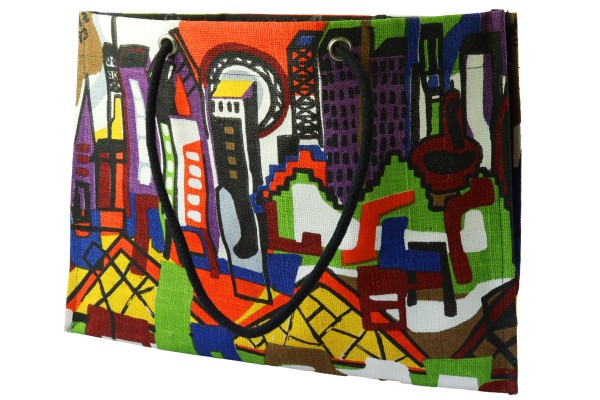Jute Einkaufstasche "Frankfurt", 50*36*11cm, schwarze Kordel, buntes Design