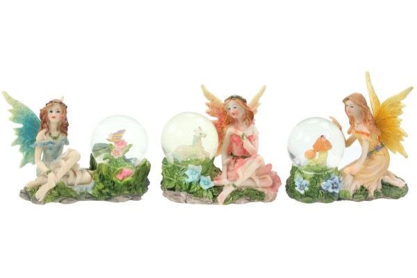 Poly Elfe neben Schneekugel auf Wiese,3fach sortiert,pink,lila,blau,11,5x6x10cm