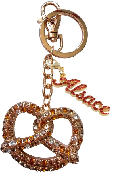 Brezel "Alsace" Strass Schlüsselkette, Metall, gold, charm Schrift "Alsace"