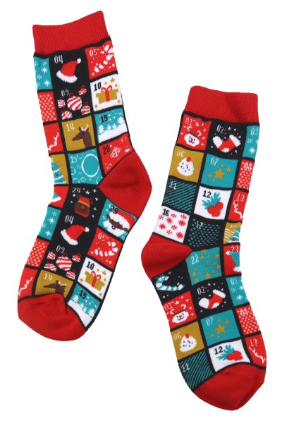Sockenpaar weihnachtlich "Adventskalender" bunt, Größe: 35-41, 80%Baumwolle