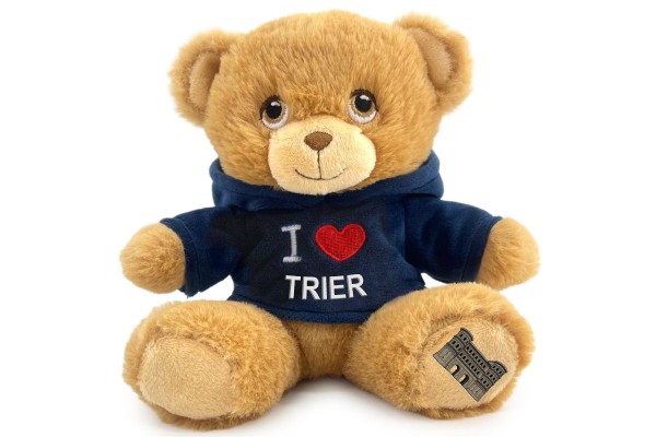 15cm Teddy "I love Trier" blauer Nicki-Hoodie, Porta Nigra auf Fuß