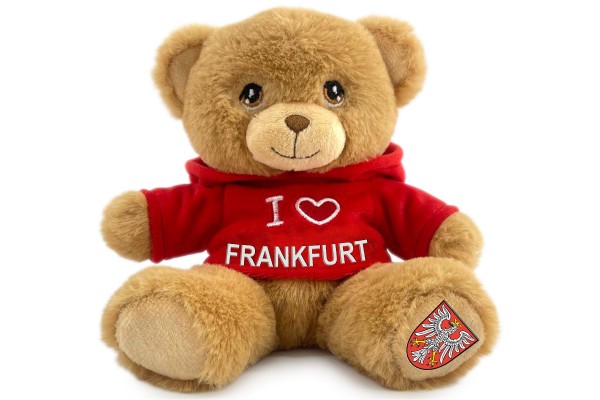 15cm Teddy "I love Frankfurt" roter Nicki-Hoodie, Frankfurt Wappen auf Fuß