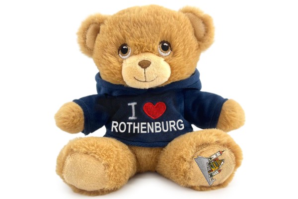 15cm Teddy "I love Rothenburg" blauer Nicki-Hoodie, Plönlein auf Fuß