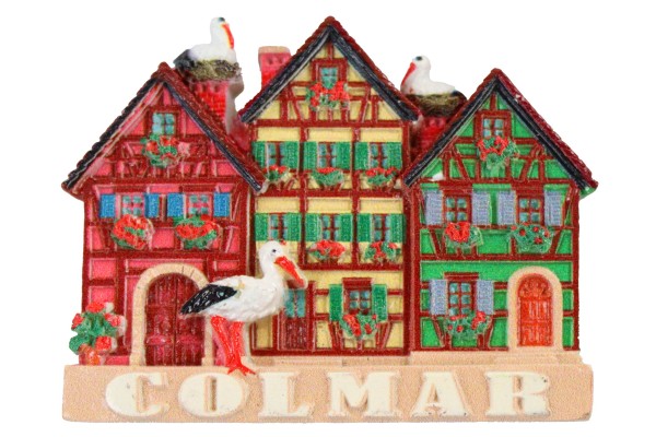 Magnet Haus 3 "Colmar" gedruckt+bemalt, 8x6.5cm, 3 Häuser+Storch, Glanzlack