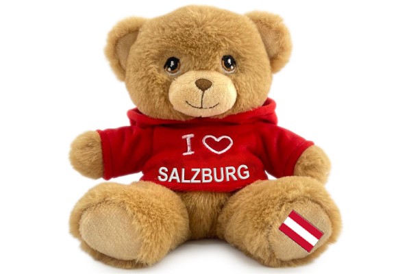 15cm Teddy "I love Salzburg" roter Nicki-Hoodie, Österreich Flagge auf Fuß