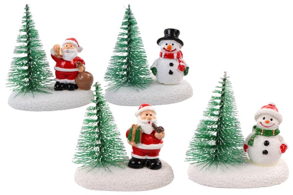 Poly Figur mit Tannenbaum, Santa und Schneemann, H: 5cm, 4fach sortiert