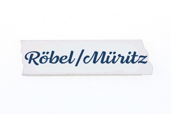 Holzschild &quot;Röbel/Müritz&quot; weiß 5*1,5cm, blaue Schrift