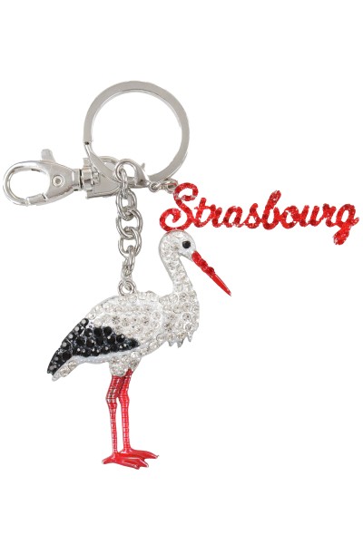 Storch "Strasbourg" Strass Schlüsselkette, Metall, silber, charm Schrift rot