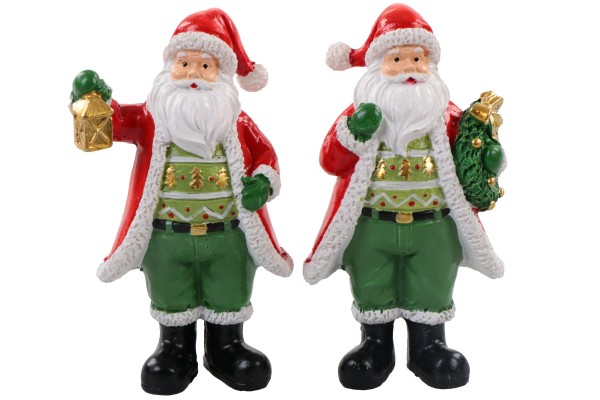 Poly Santa Claus, roter Mantel+Mütze, grüne Hose, H: 11,5cm, 2fach sortiert