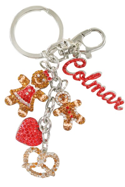 4 Charms "Colmar" Strass Schlüsselkette, Metall, silber, Lebkuchen,Herz,Brezel