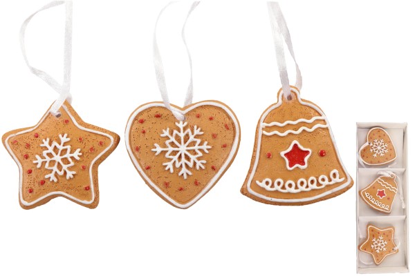 3er SET Lebkuchenaufhänger Herz, Glock, Stern, ca. 5cm, weißes Band