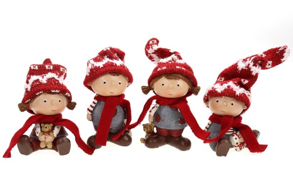 Poly Junge und Mädchen mit rot weißer Wollmütze, 15cm, 4fach sortiert