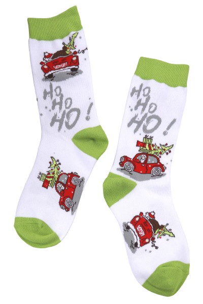 Sockenpaar weihnachtlich "Auto HoHoHo" weiß-grün, Größe: 35-41, 80%Baumwolle