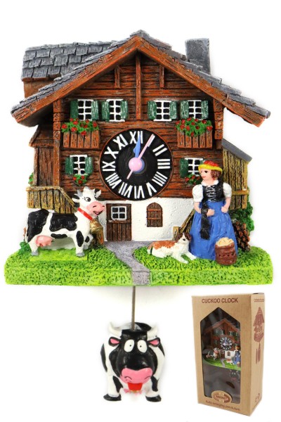 Magnet Kuckucksuhr Kuh mit echter Uhr, Pendelbewegun, braune Fensterbox