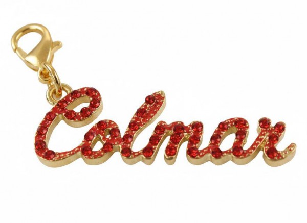 Strass Schrift "Colmar" rot Glitzer auf gold Metall, mit Karabinerhaken
