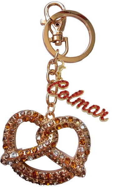 Brezel "Colmar" Strass Schlüsselkette, Metall, gold, charm Schrift "Colmar"