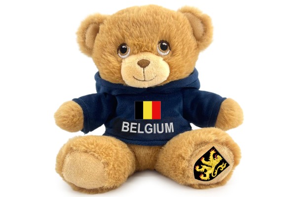 20cm Teddy "Belgium + Flagge", blauer Nicki-Hoodie, Löwe auf Fuß