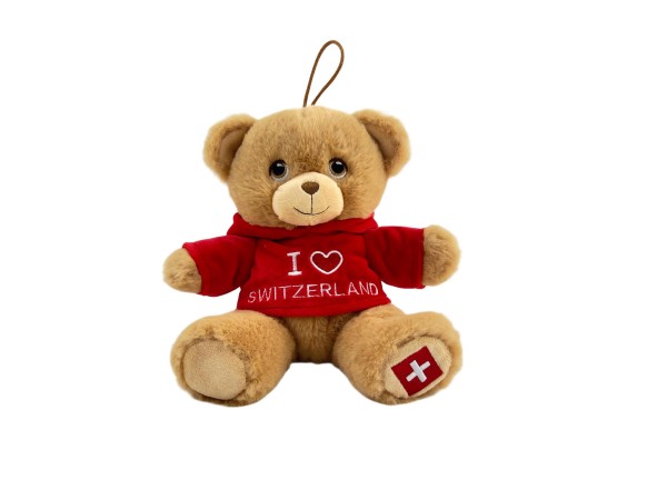 20cm Teddy "I love Switzerland", roter Nicki-Hoodie, Schweiz Flagge auf Fuß