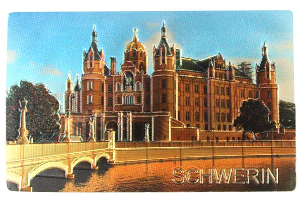 silber geprägter Magnet "Schwerin", Schloss, Brücke 8x5cm