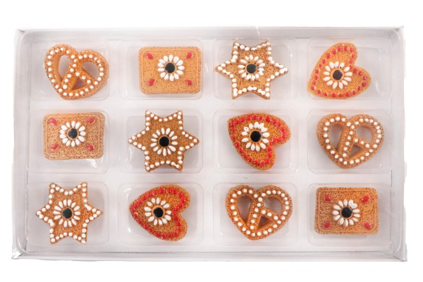 12er SET Poly Streudeko Lebkuchenstücke, Herzen, Brezeln, Sterne, ca. 3cm, 4fach