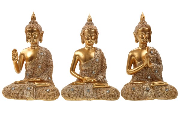 16cm Buddha sitzend Statue gold, 3fach sortiert, 11,9x8x16,1cm