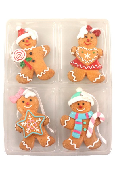 4er SET Lebkuchenmännchen weihnachtlich, Winter, ca. 8cm, weißes Band, 4fach