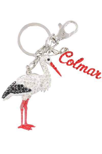 Storch "Colmar" Strass Schlüsselkette, Metall, silber, charm Schrift rot