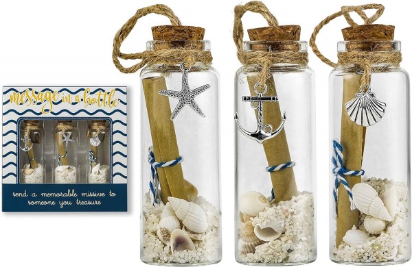 Flaschenpost Set mit 3 Glasflaschen, Zettel, Sand und maritimer Deko, Fensterbox