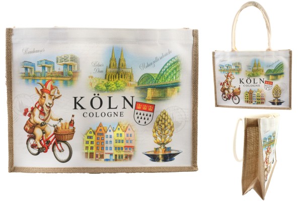 Jute Tasche "Köln" 40*30*12cm, zweiseitig bedruckt, langer Henkel